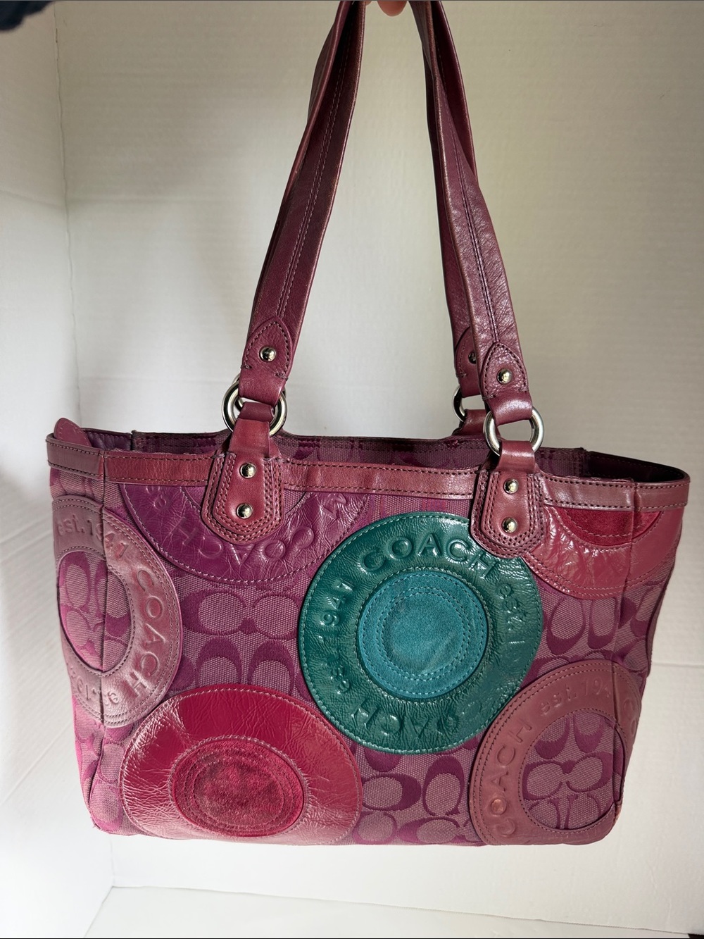 Coach Pink and Teal Patchwork Shoulder Tote